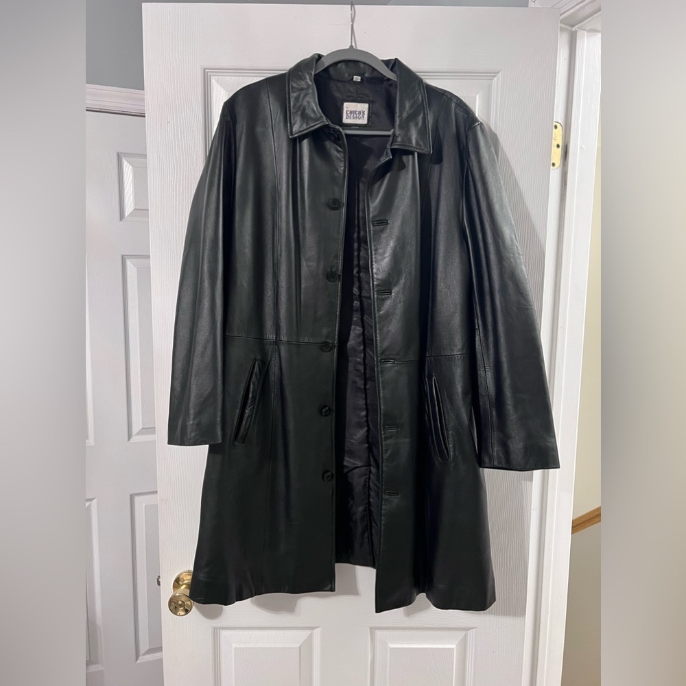 Vintage 90’s Chicos Design 100% Genuine Leather Black Trench Coat Size 2